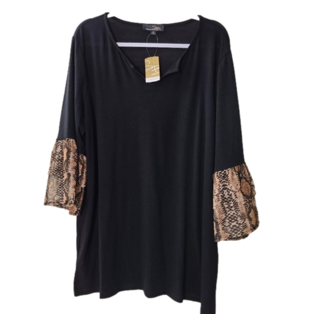 Suzanne Betro NWT Flare Sleeve Blouse Womens 2X Leopard Print Trim Black Tunic